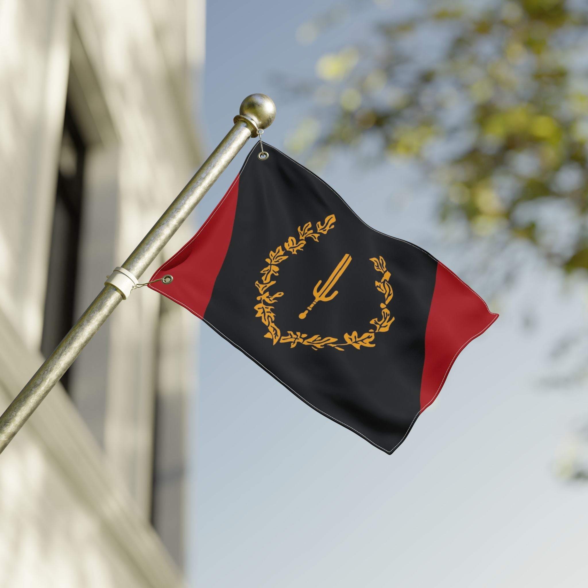 Double-Sided Decorative Flag — Black & Red Laurel with Trident Emblem